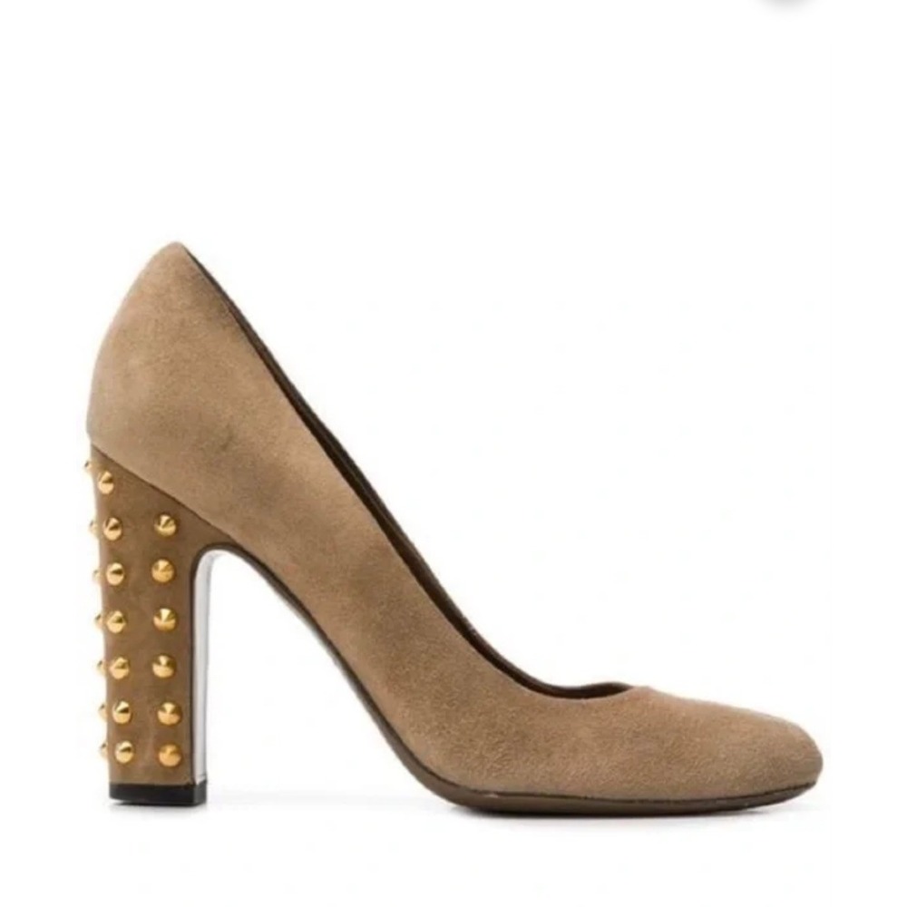 Gucci 297174 Brown Suede Studded Block Heel Pumps‎ Round Toe Shoes Womens 37.5